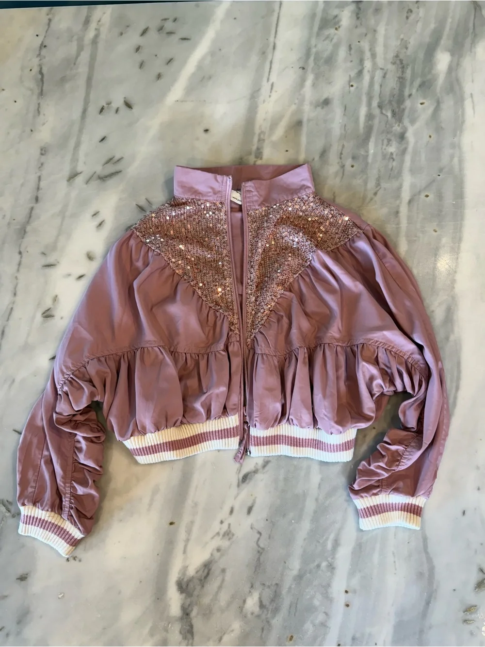 Joyfolie Dusty Pink Sequin-Trim Bomber Jacket